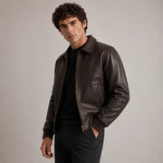 Dark Brown Authentic Sheepskin &amp;Amp; Shearling Bomber Jacket - Vista posteriore Showing Tailored Shoulder Fit &amp; Clean Hemline
