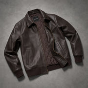 Tailored Rib Cuffs &amp; Hem Craftsmanship Construction Detail on Dark Marrone Sheepskin Bomber in Pelle da Uomo