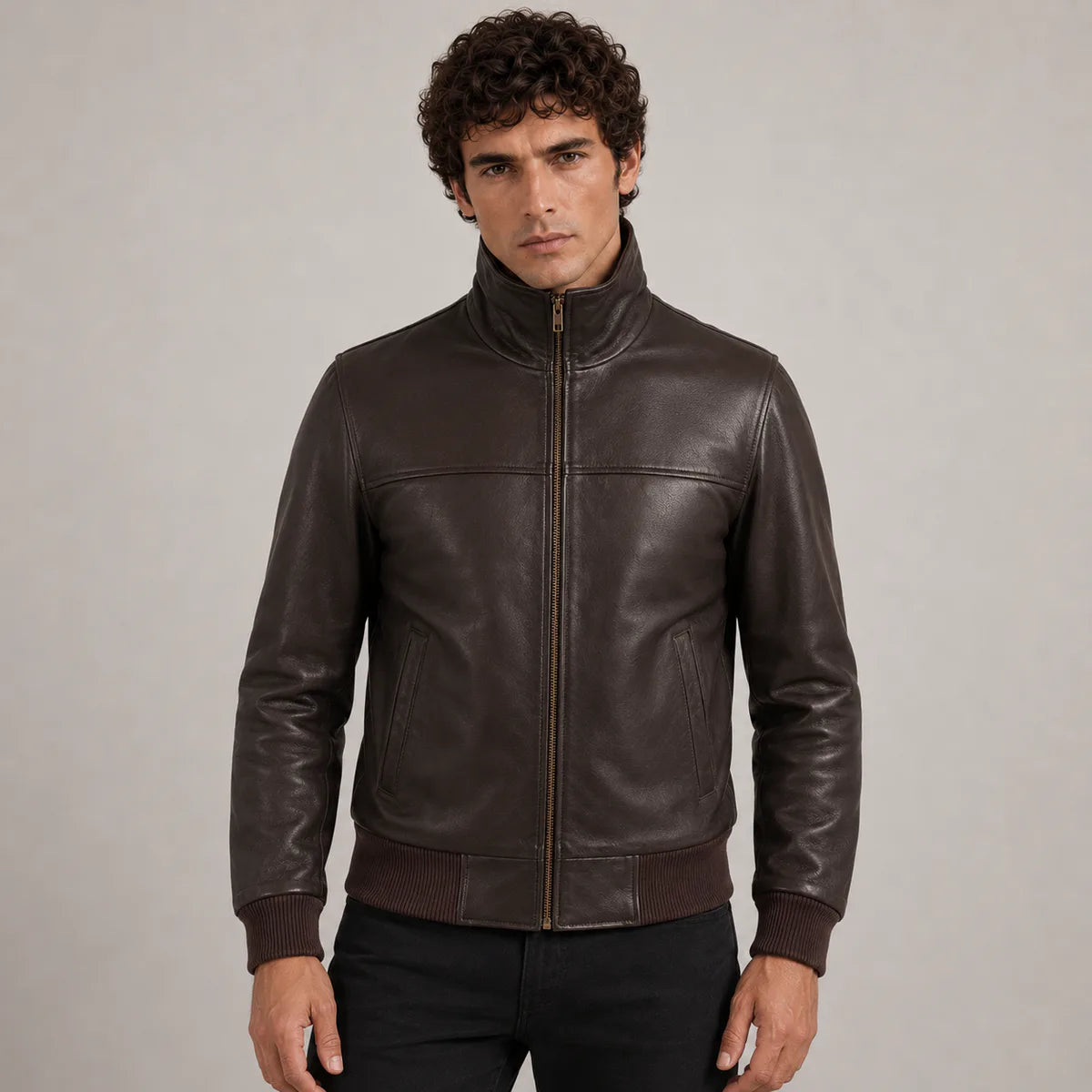 Dark Marrone Sheepskin Bomber in Pelle da Uomo in Dark Brown Authentic Sheepskin &amp;Amp; Shearling - Vista frontale e linea su misura | Acquista online