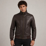 Dark Marrone Sheepskin Bomber in Pelle da Uomo in Dark Brown Authentic Sheepskin &amp;Amp; Shearling - Vista frontale e linea su misura | Acquista online