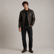 Dark Marrone Sheepskin Bomber in Pelle da Uomo - Lateral Side Profile View Showing Sleeve Cut &amp; Athletic Taper Fit