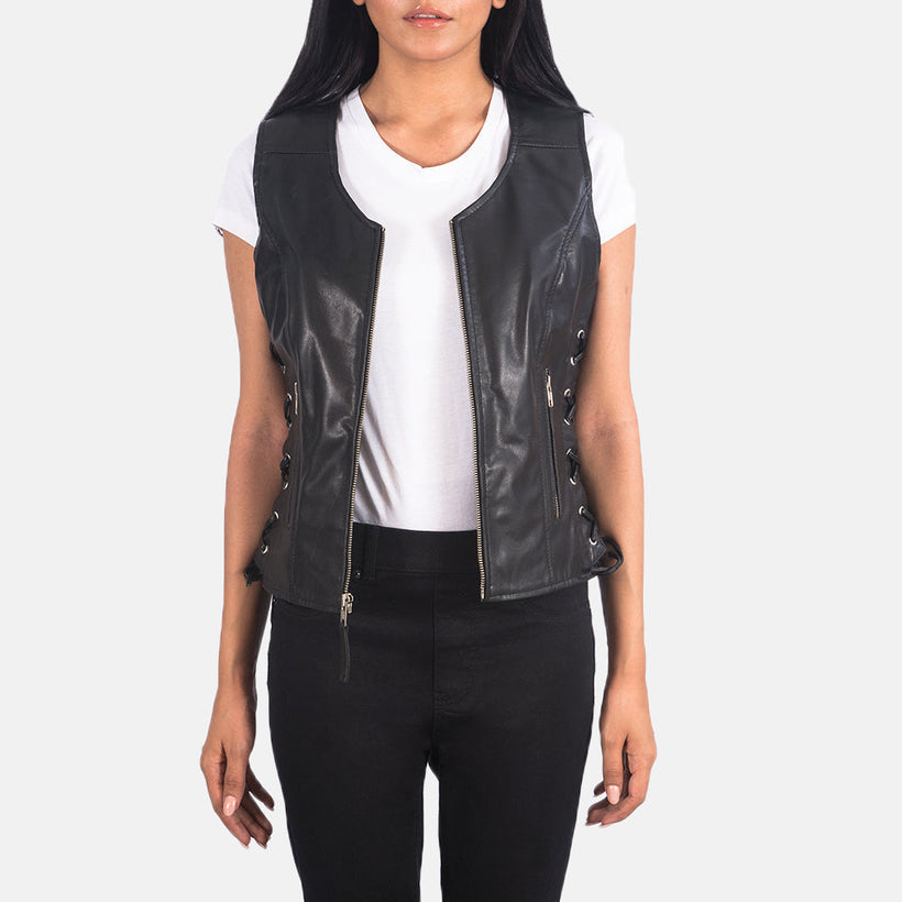 Vanda Nero Leather Biker Vest da Donna