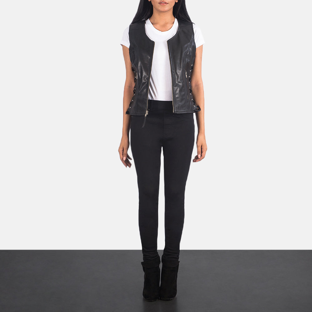 Women's Vanda Nero Leather Biker Vest da Donna - Lateral Side Profile View Showing Sleeve Cut &amp; Athletic Taper Fit