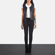 Women's Vanda Nero Leather Biker Vest da Donna - Lateral Side Profile View Showing Sleeve Cut &amp; Athletic Taper Fit