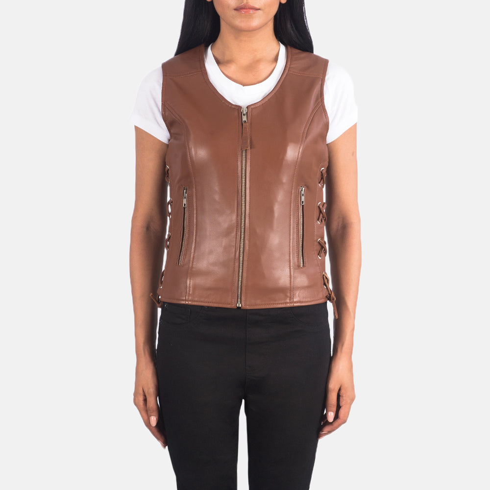 Women's Vanda Marrone Leather Biker Vest da Donna in Brown Sheepskin Leather - Vista frontale e linea su misura | Acquista online