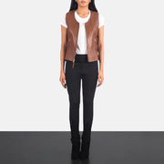 Women's Vanda Marrone Leather Biker Vest da Donna - Lateral Side Profile View Showing Sleeve Cut &amp; Athletic Taper Fit