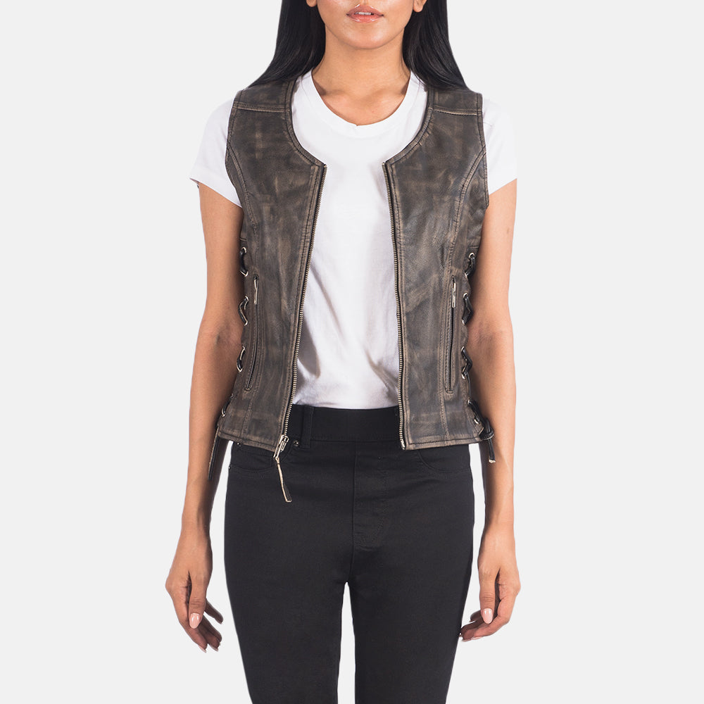 
Vanda Marrone Invecchiato Leather Biker Vest da Donna in Distressed Brown Goatskin Leather - Vista frontale e silhouette sartoriale | Acquista online
