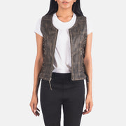 
Vanda Marrone Invecchiato Leather Biker Vest da Donna in Distressed Brown Goatskin Leather - Vista frontale e silhouette sartoriale | Acquista online