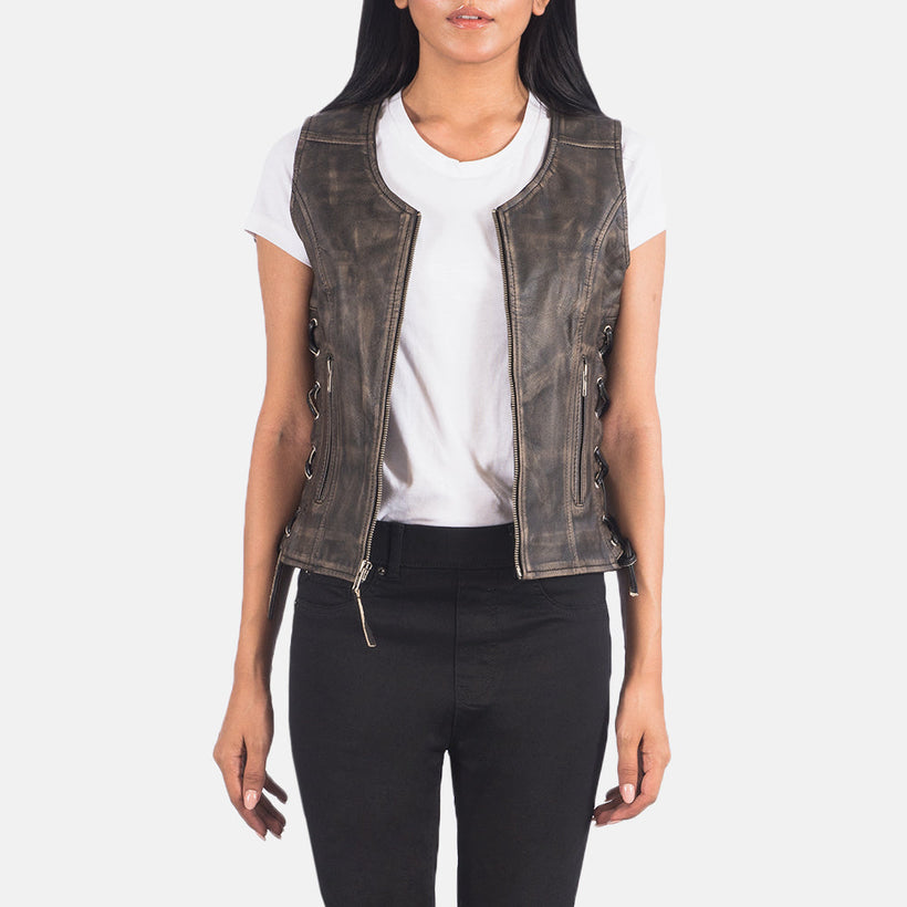 Vanda Marrone Invecchiato Leather Biker Vest da Donna