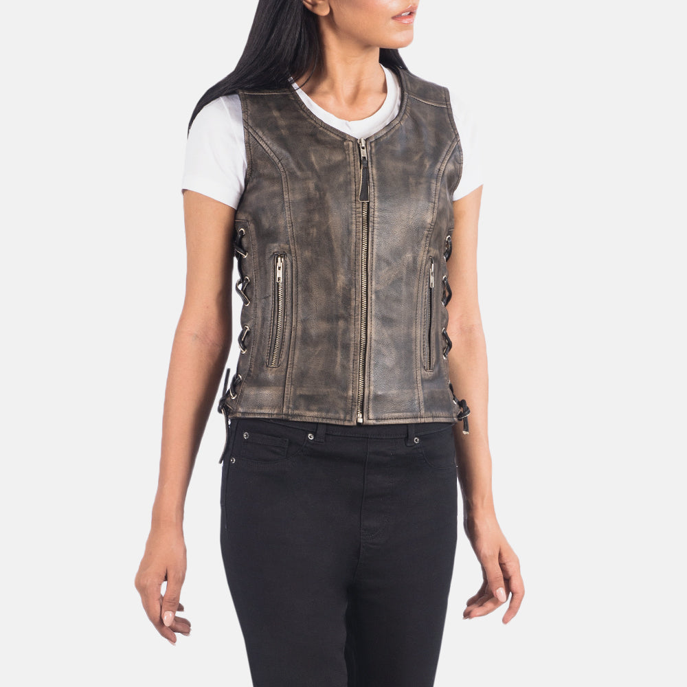 
Distressed Brown Goatskin Leather Biker Jacket - Vista posteriore con spalle definite e orlo pulito