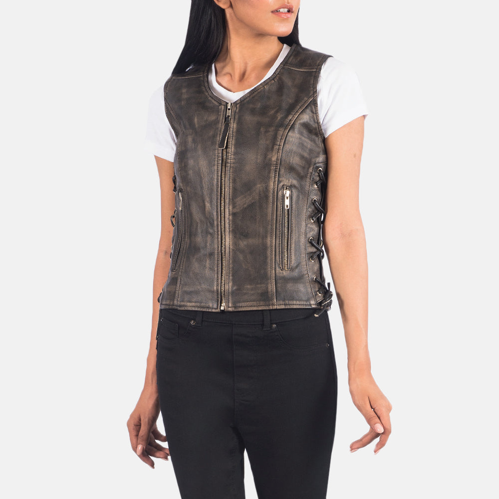 
Dettaglio ravvicinato of V-neck & Zipper Hardware on Vanda Marrone Invecchiato Leather Biker Vest da Donna