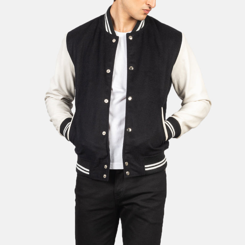 Vaxton Nero & Bianco Hybrid Varsity Giacca in Pelle da Uomo