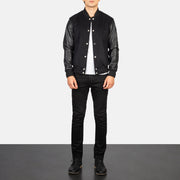 Men's Vaxton Nero Hybrid Varsity Giacca in Pelle da Uomo - Lateral Side Profile View Showing Sleeve Cut &amp; Athletic Taper Fit