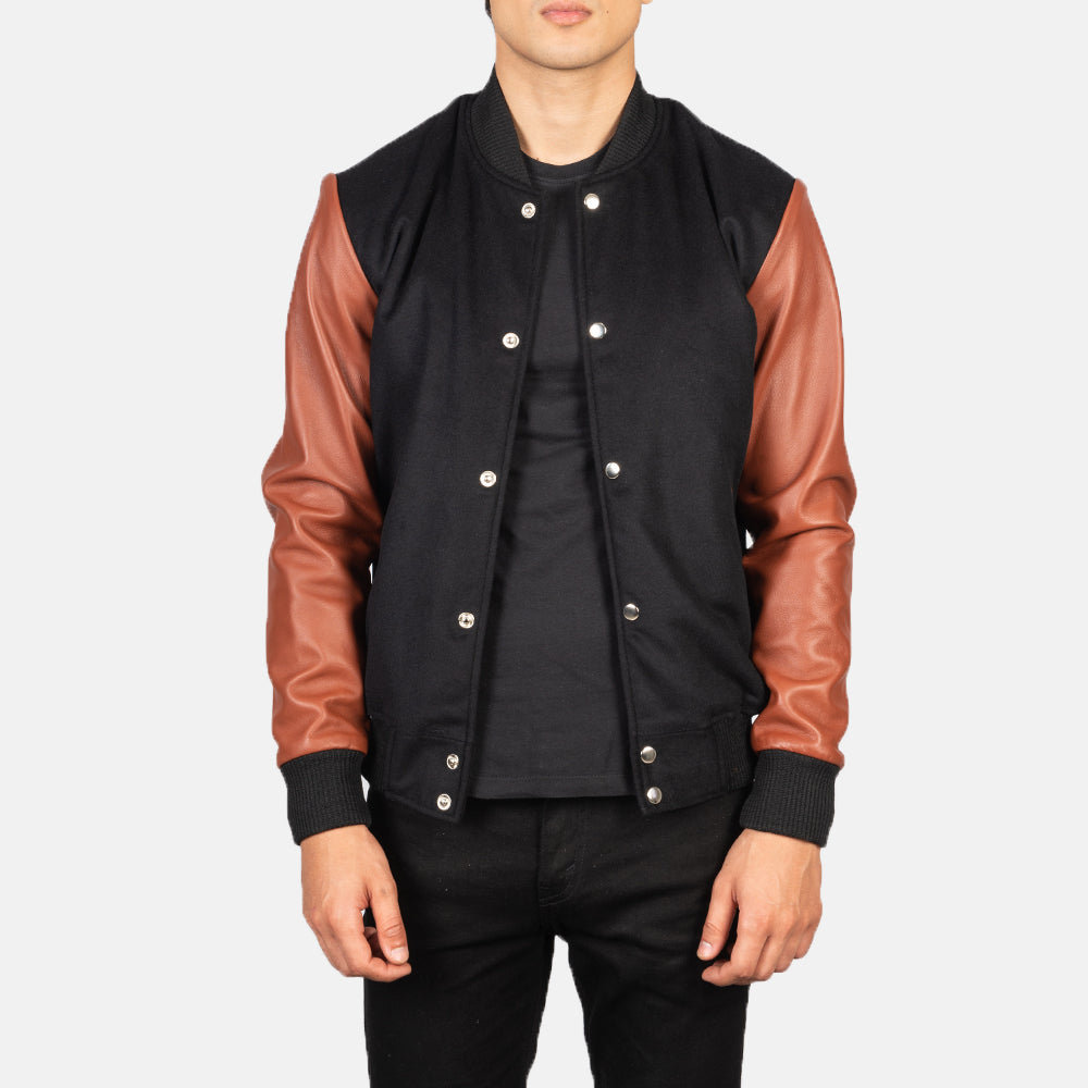 Men's Vaxton Brown Hybrid Varsity Jacket in Black &amp; Brown Sheepskin Leather - Vista frontale e linea su misura | Acquista online