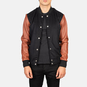 Men's Vaxton Brown Hybrid Varsity Jacket in Black &amp; Brown Sheepskin Leather - Vista frontale e linea su misura | Acquista online