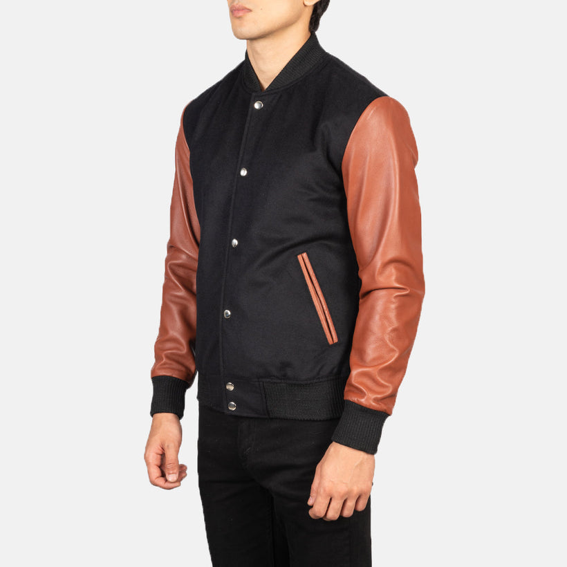 Vaxton Marrone & Nero Hybrid Varsity Giacca in Pelle da Uomo