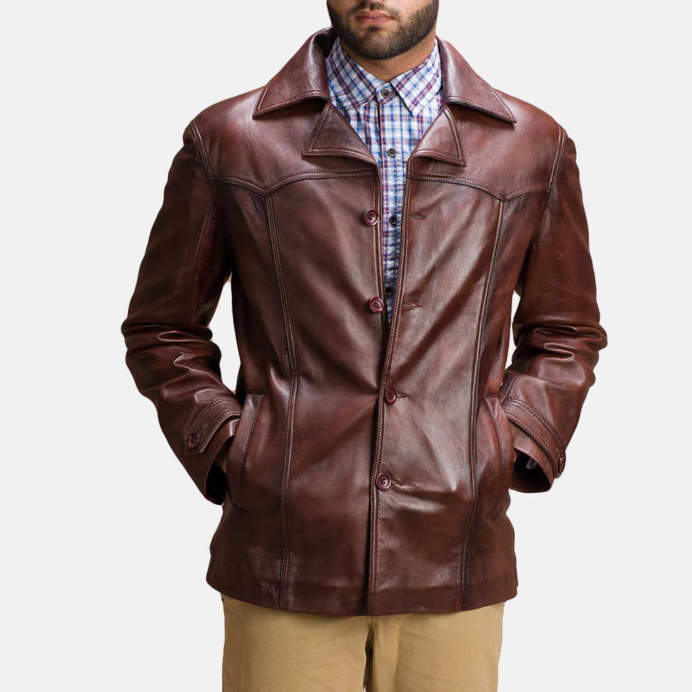 
Brown Sheepskin leather Coat - Vista posteriore con spalle definite e orlo pulito