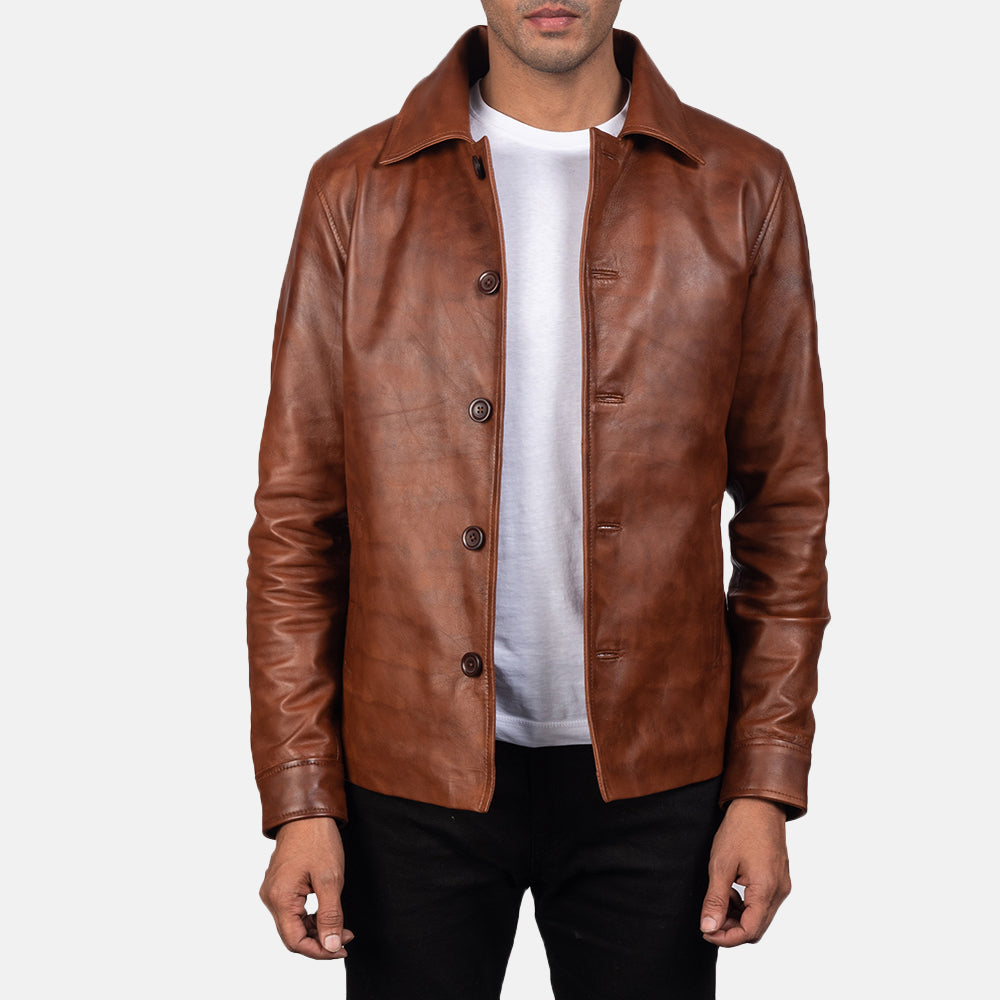 
Waffle Marrone Giacca in Pelle da Uomo in Distressed Brown Sheepskin Burnishing - Vista frontale e silhouette sartoriale | Acquista online