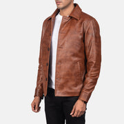 
Distressed Brown Sheepskin Burnishing Leather Jacket - Vista posteriore con spalle definite e orlo pulito