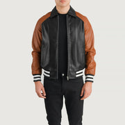 Walton Blue Leather Varsity Jacket in Blue Sheepskin Leather - Vista frontale e linea su misura | Acquista online