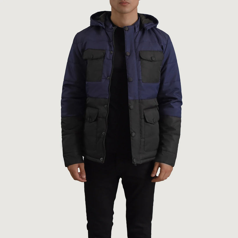 Wayne Nero & Blu Hooded Puffer Giacca in Pelle da Uomo