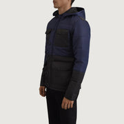 
Black + Blue Full-Grain Leather Hooded Jacket - Vista posteriore con spalle definite e orlo pulito