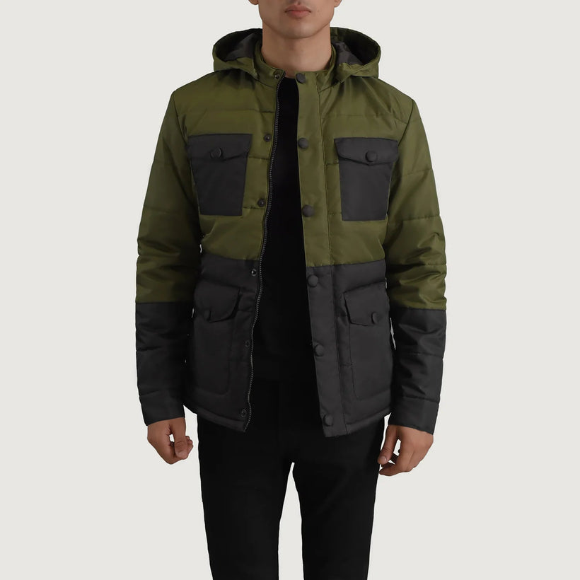Wayne Nero & Verde Hooded Puffer Giacca in Pelle da Uomo