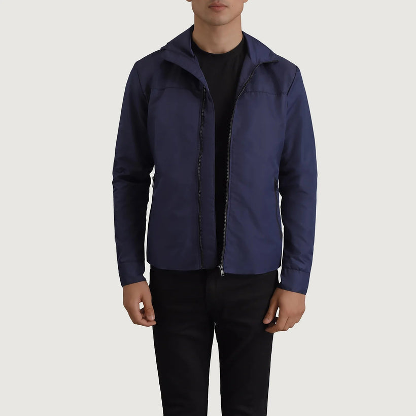 Wesley Blu Hooded Windbreaker Giacca in Pelle da Uomo