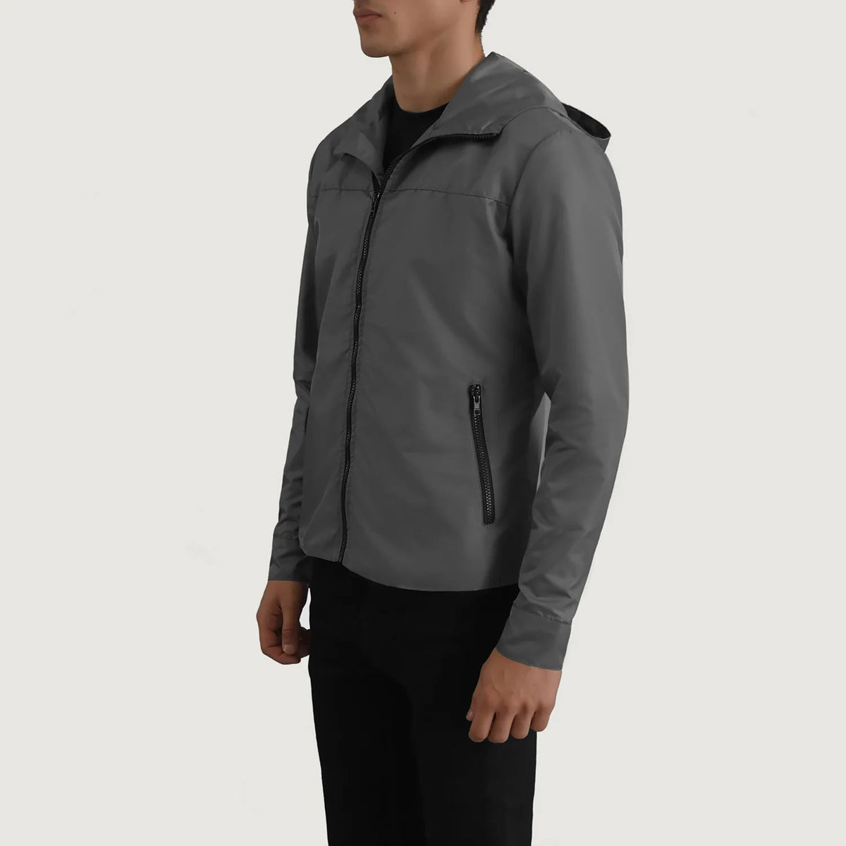 
Grey Full-Grain Leather Hooded Jacket - Vista posteriore con spalle definite e orlo pulito
