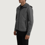 
Grey Full-Grain Leather Hooded Jacket - Vista posteriore con spalle definite e orlo pulito
