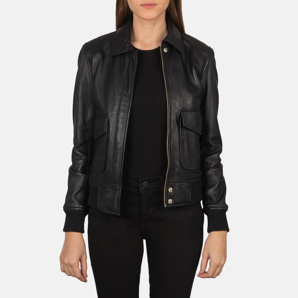 Women's Westa A-2 Black Leather Bomber Jacket in Black Sheepskin Leather - Vista frontale e linea su misura | Acquista online