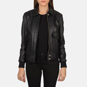 Women's Westa A-2 Black Leather Bomber Jacket in Black Sheepskin Leather - Vista frontale e linea su misura | Acquista online
