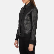 Black Sheepskin Leather Bomber Jacket - Vista posteriore Showing Tailored Shoulder Fit &amp; Clean Hemline