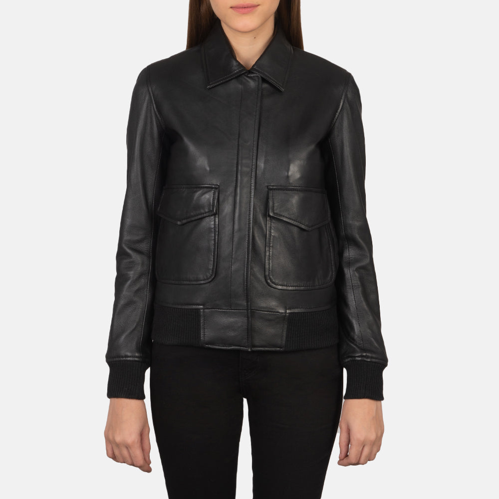 Dettaglio ravvicinato of Shirt &amp; Zipper with Button Flap Hardware on Women's Westa A-2 Black Leather Bomber Jacket