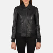 Dettaglio ravvicinato of Shirt &amp; Zipper with Button Flap Hardware on Women's Westa A-2 Black Leather Bomber Jacket