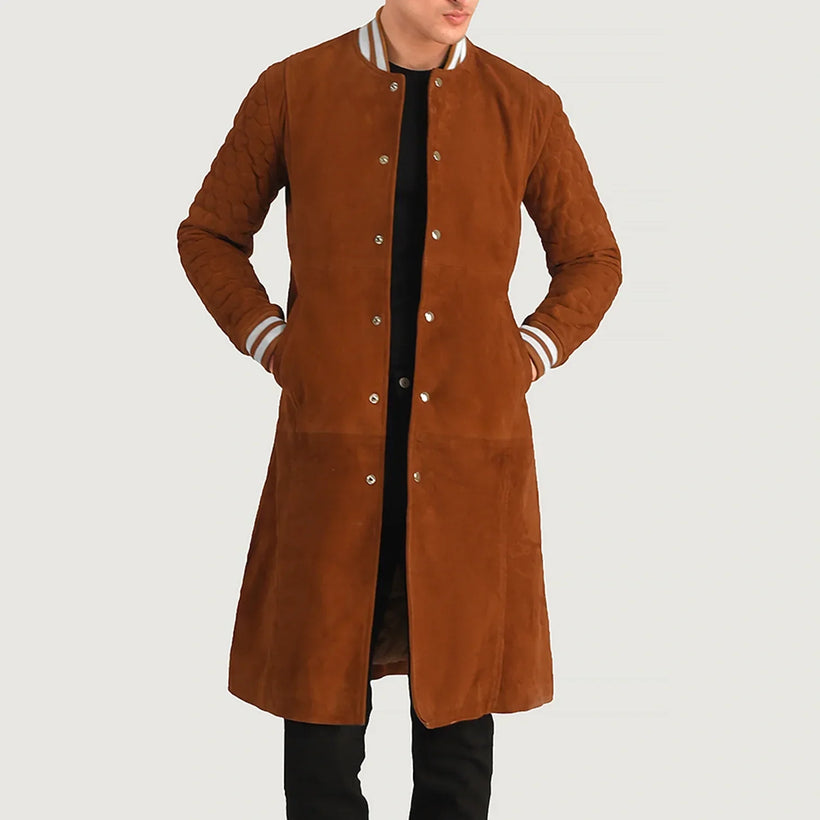 Wilde Marrone Suede Varsity Cappotto in Pelle da Uomo