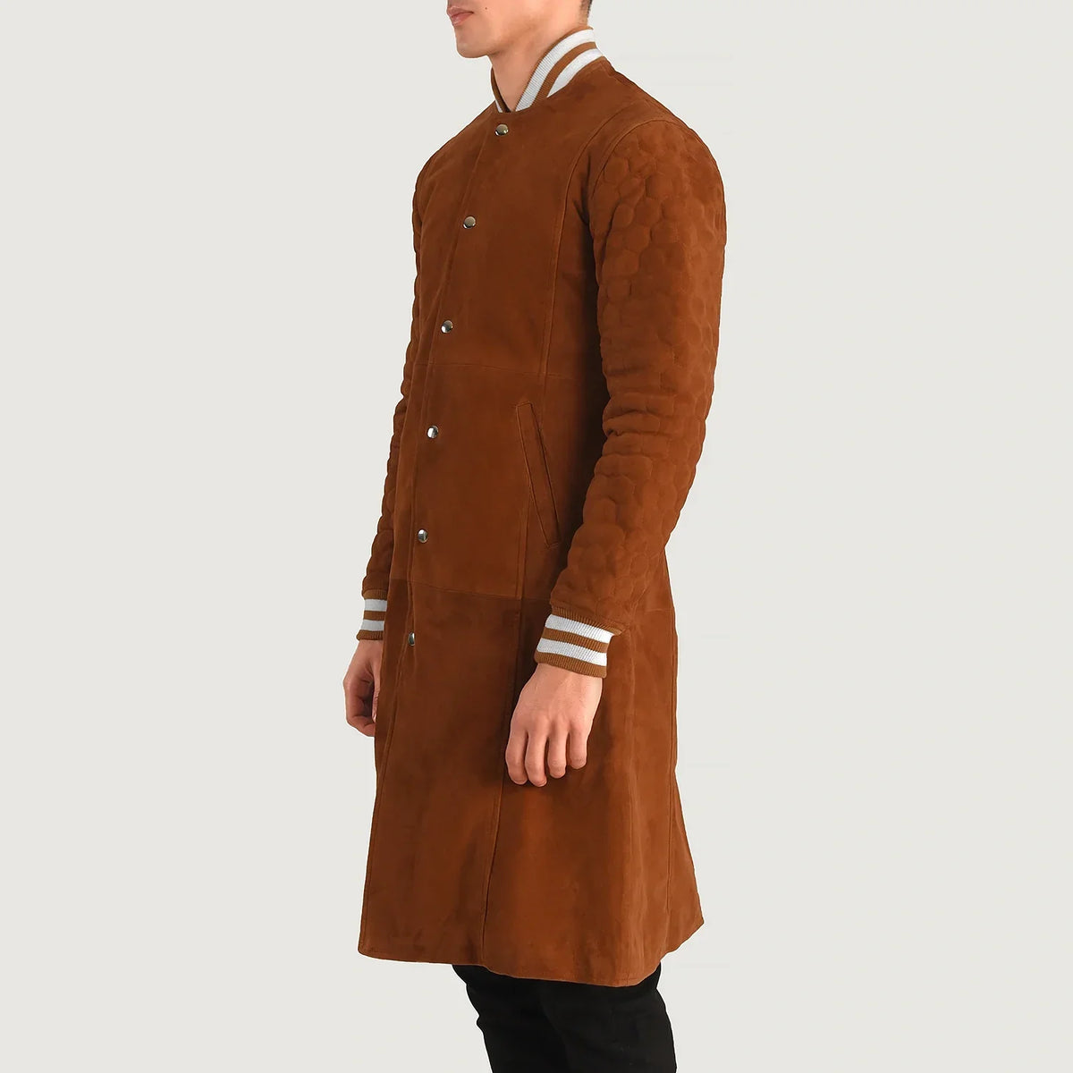 Tan Bown Goatskin Suede Varsity Jacket - Vista posteriore Showing Tailored Shoulder Fit &amp; Clean Hemline