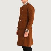 Tan Bown Goatskin Suede Varsity Jacket - Vista posteriore Showing Tailored Shoulder Fit &amp; Clean Hemline