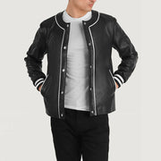 Willis Black Leather Varsity Jacket in Black Sheepskin Leather - Vista frontale e linea su misura | Acquista online