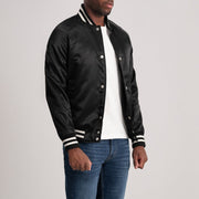 Black Satin Varsity Jacket - Vista posteriore Showing Tailored Shoulder Fit &amp; Clean Hemline