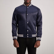 Xander Blu Varsity Giacca in Pelle da Uomo in Blue Satin - Vista frontale e linea su misura | Acquista online