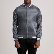 Xander Grigio Varsity Giacca in Pelle da Uomo in Grey Satin - Vista frontale e linea su misura | Acquista online