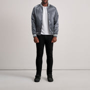 Dettaglio ravvicinato of Varsity &amp; Button Hardware on Xander Grigio Varsity Giacca in Pelle da Uomo
