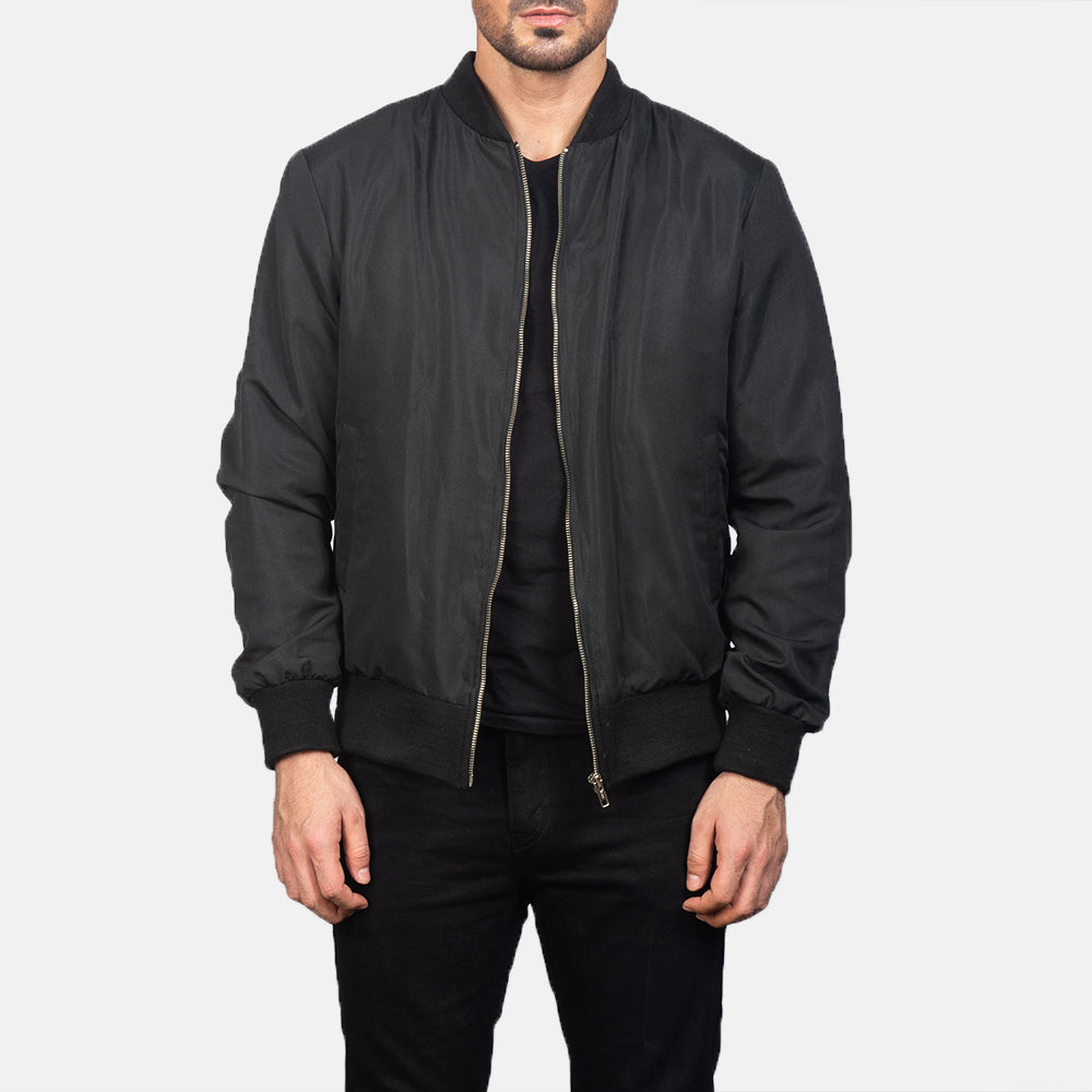 Men's Zack Nero Bomber in Pelle da Uomo in Black Polyester - Vista frontale e linea su misura | Acquista online