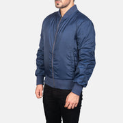 Blue Nylon Bomber Jacket - Vista posteriore Showing Tailored Shoulder Fit &amp; Clean Hemline