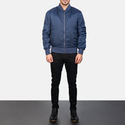 Men's Zack Blu Bomber in Pelle da Uomo - Lateral Side Profile View Showing Sleeve Cut &amp; Athletic Taper Fit