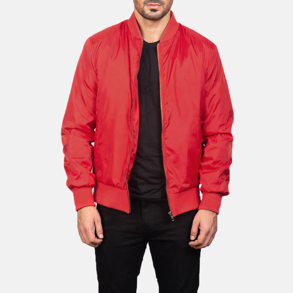 Men's Zack Rosso Bomber in Pelle da Uomo in Red Nylon - Vista frontale e linea su misura | Acquista online