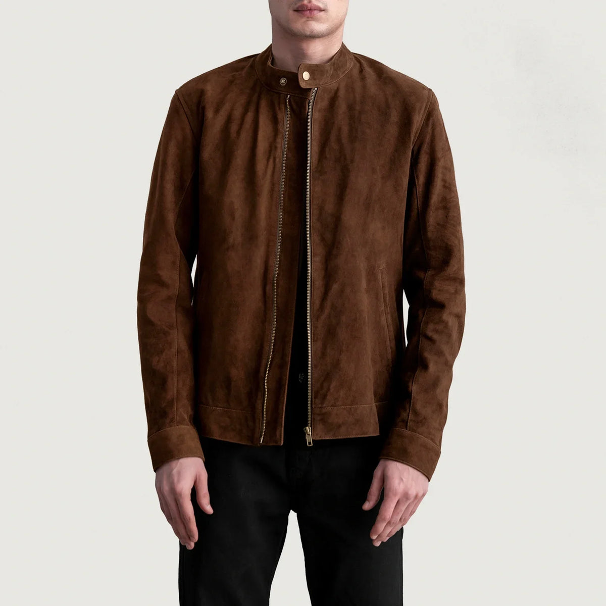 Zen Marrone Suede Giacca Biker in Pelle da Uomo in Brown Goatskin Suede - Vista frontale e linea su misura | Acquista online