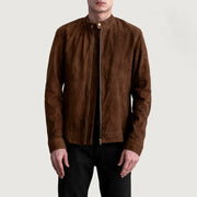 Zen Marrone Suede Giacca Biker in Pelle da Uomo in Brown Goatskin Suede - Vista frontale e linea su misura | Acquista online