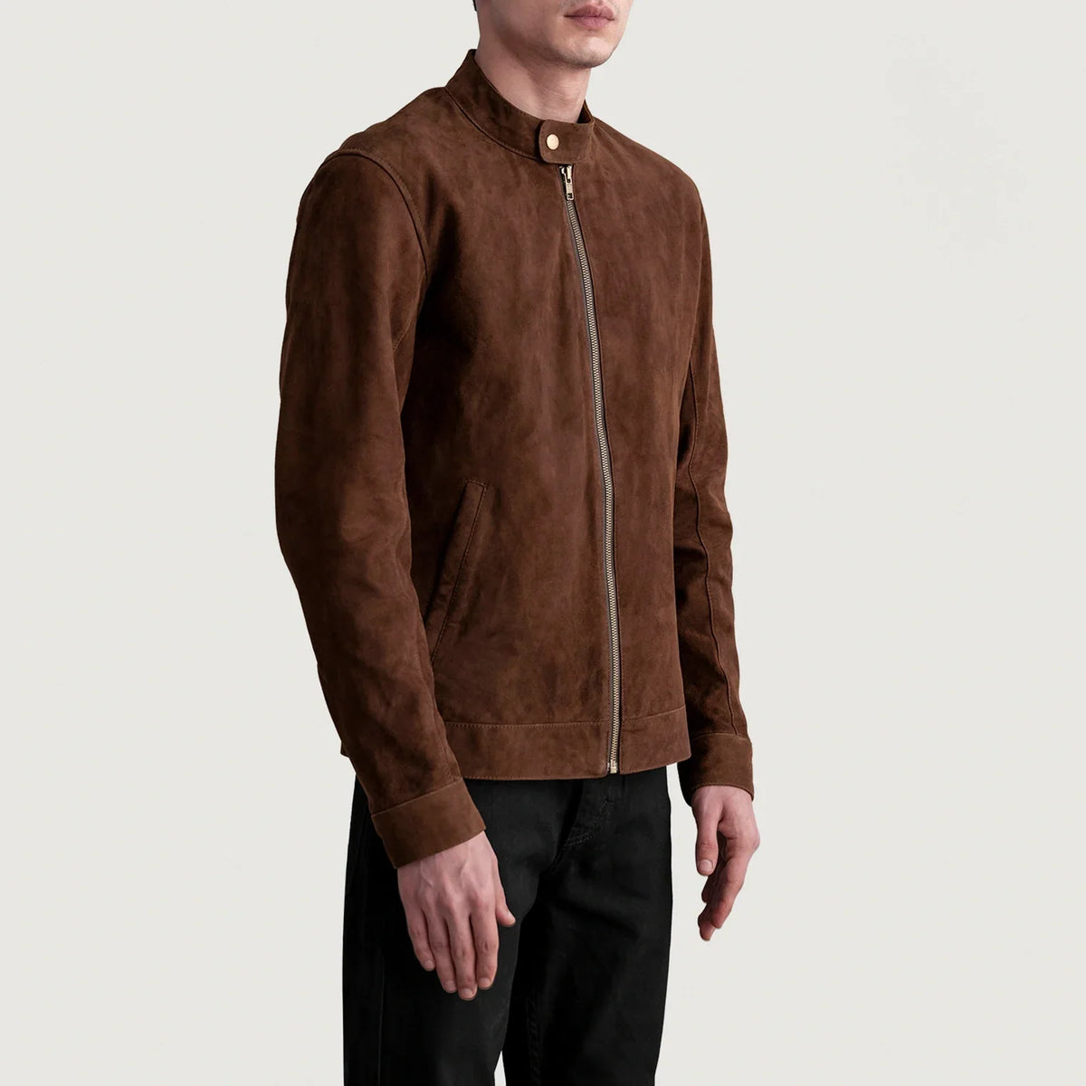 Brown Goatskin Suede Biker Jacket - Vista posteriore Showing Tailored Shoulder Fit &amp; Clean Hemline